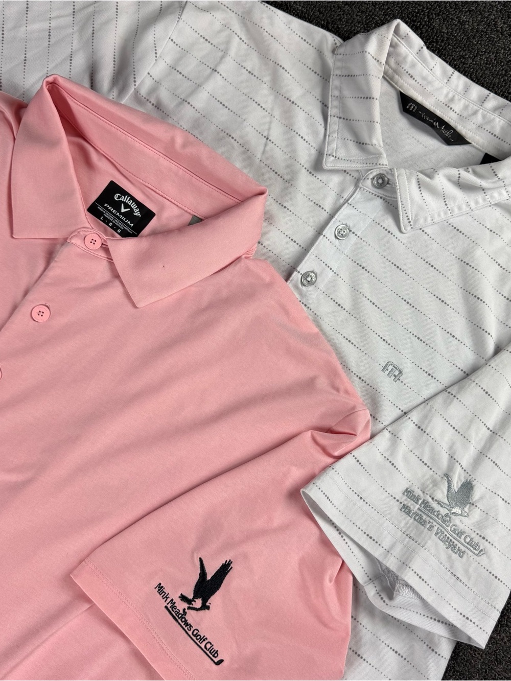 Set of 2 LG Mink Meadows Golf Polos - Pink Callaway & White Travis Mathew Shirts